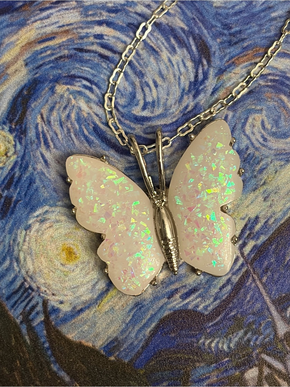 Iridescent Pink Butterfly Pendant Necklace with Silver Chain